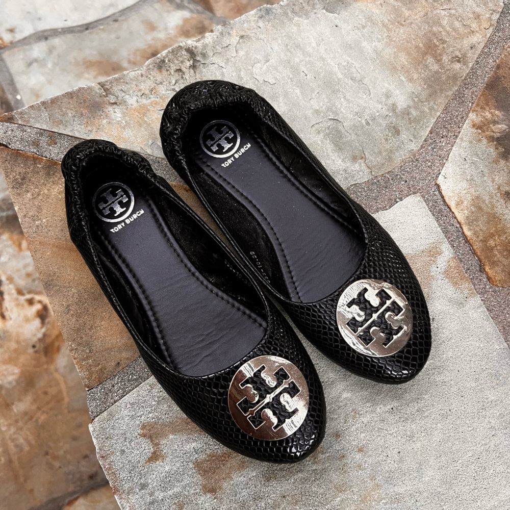 Tory Burch Black Reva Textured Slip On Flats